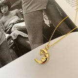 925 Silver Abstract Face Moon Star Necklace Pendant Clavicle Chain Jewelry