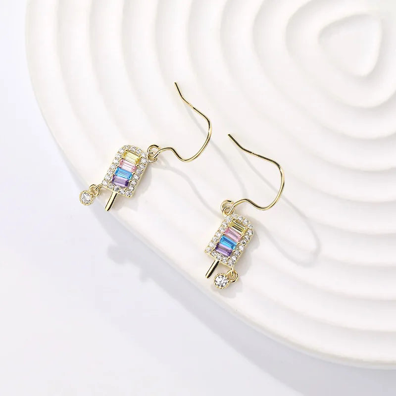 925 Silver Square Zircon Stud Earrings Vintage Ice Cream Jewelry