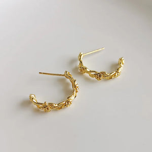 925 Silver Rose Flower Drop C Shape Wrap Stud Earrings