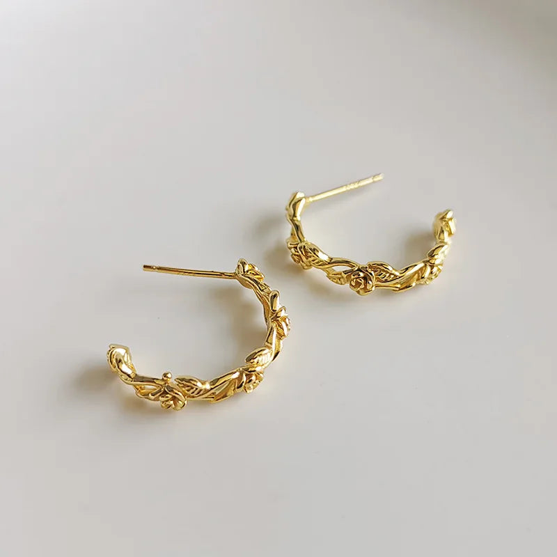 925 Silver Rose Flower Drop C Shape Wrap Stud Earrings