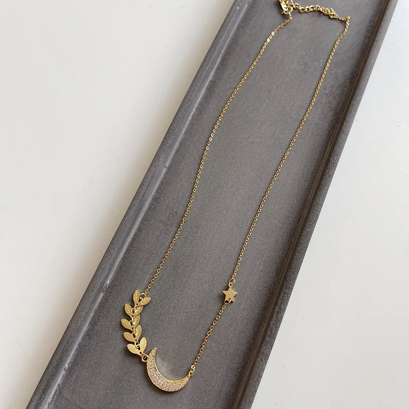 925 Silver CZ Star Moon Pendant Choker Boho Necklace