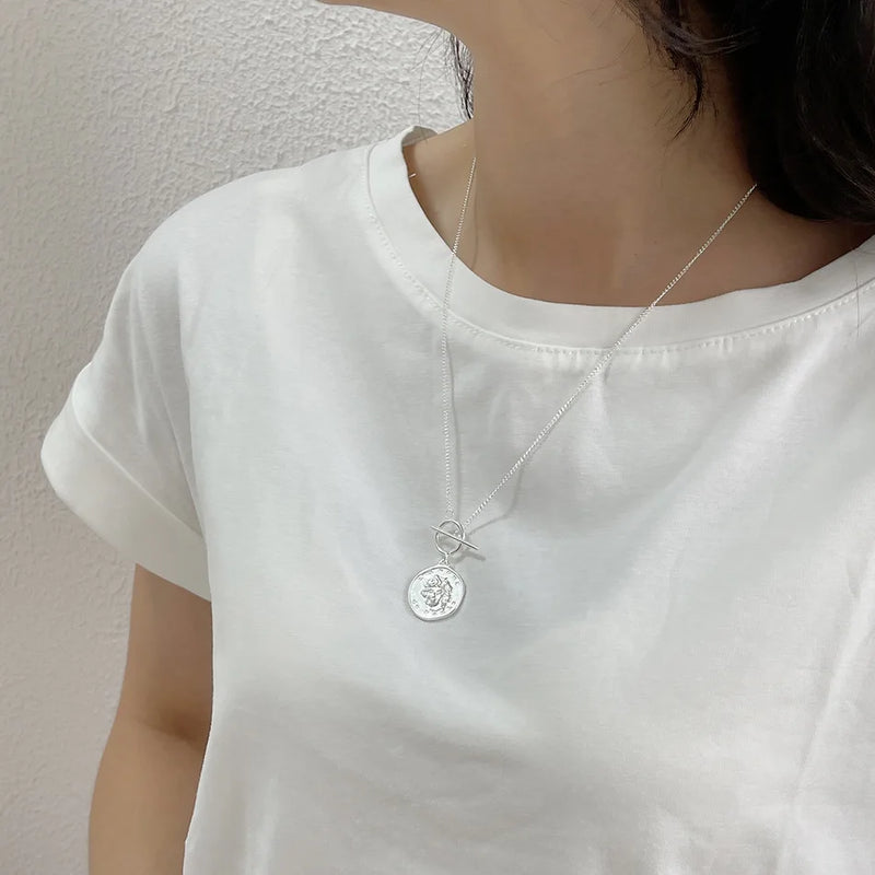 925 Silver Head Necklace Pendant Long Chain OT Coins Necklace For Women