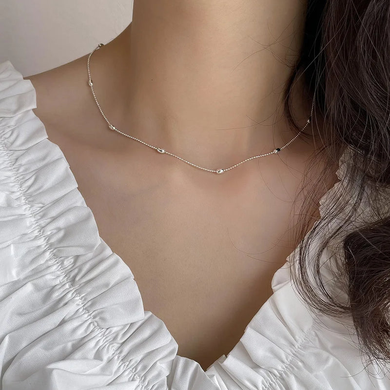 925 Sterling Silver Olive Bead Beaded Chain Silver Necklace