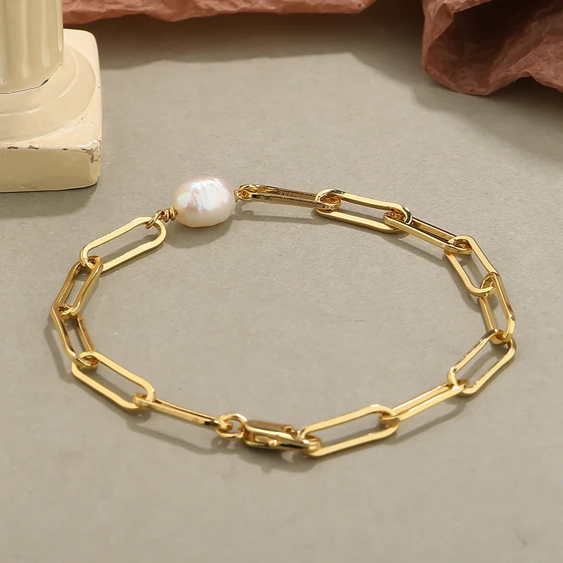 925 Silver Vintage Baroque Pearl Bracelet Thick Chain Bangle