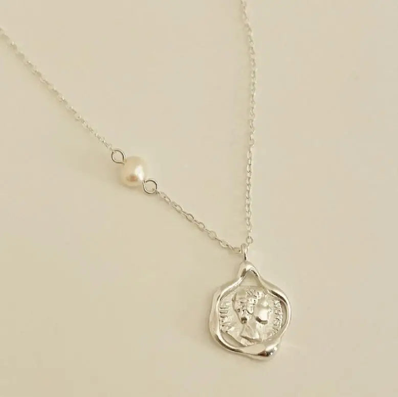 925 Vintage Silver Necklace Portrait Collarbone Chain Pendant Jewelry