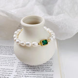 925 Silver Vintage Green Crystal Pearl Bracelet Baroque Bangle