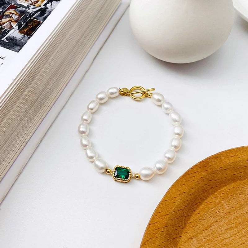 925 Silver Vintage Green Crystal Pearl Bracelet Baroque Bangle