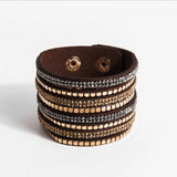 Boho Wide Leather Bracelet Bangle with Crystals