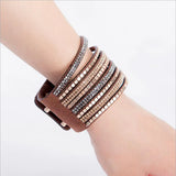 Boho Wide Leather Bracelet Bangle with Crystals