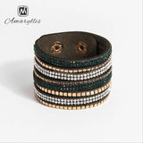 Boho Wide Leather Bracelet Bangle with Crystals