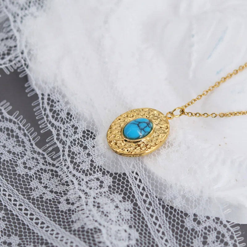 Boho Ethnic Oval Necklace Pendant Natural Stone Chain Jewelry