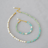 Natural Stone Lake Beaded Necklace Bracelet Set Freshwater Pearl