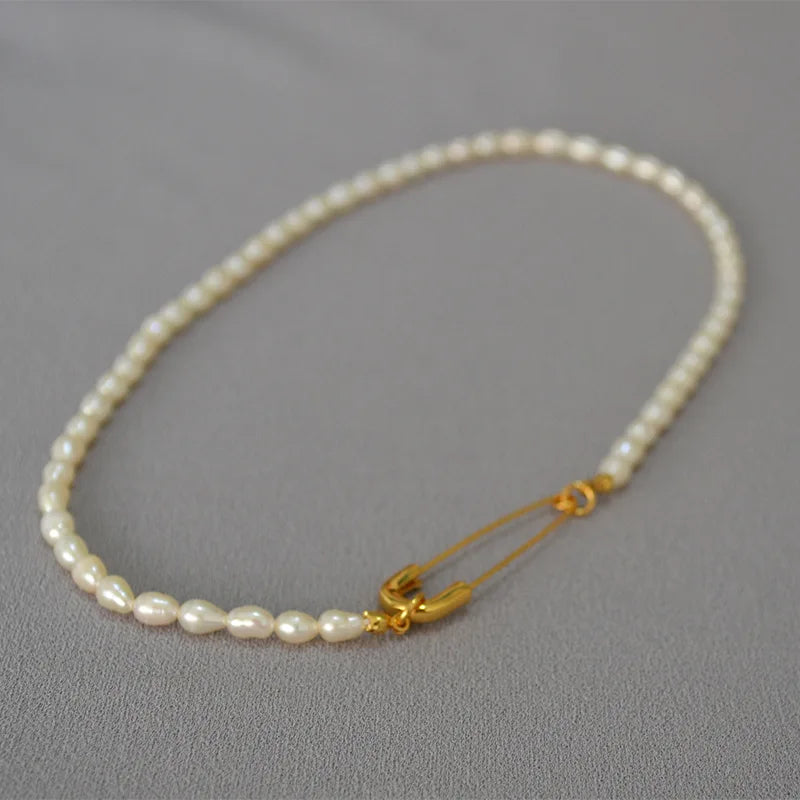 Freshwater Rice Pearl Pin Lock Clavicle Chain Necklace