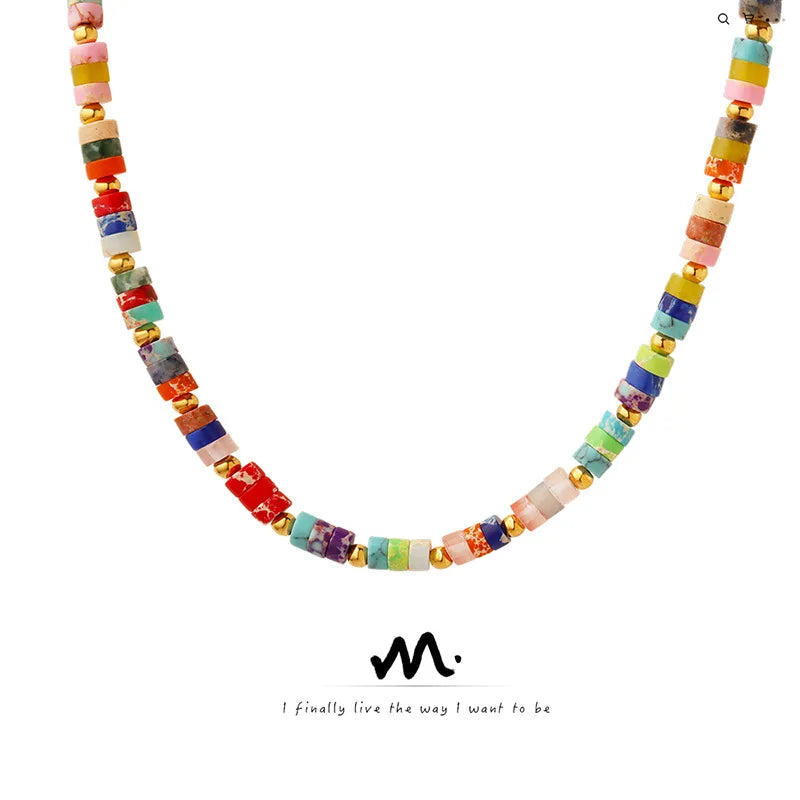 Minimalist Natural Stone Colorful Beaded Necklace Ethnic Choker Jewelry