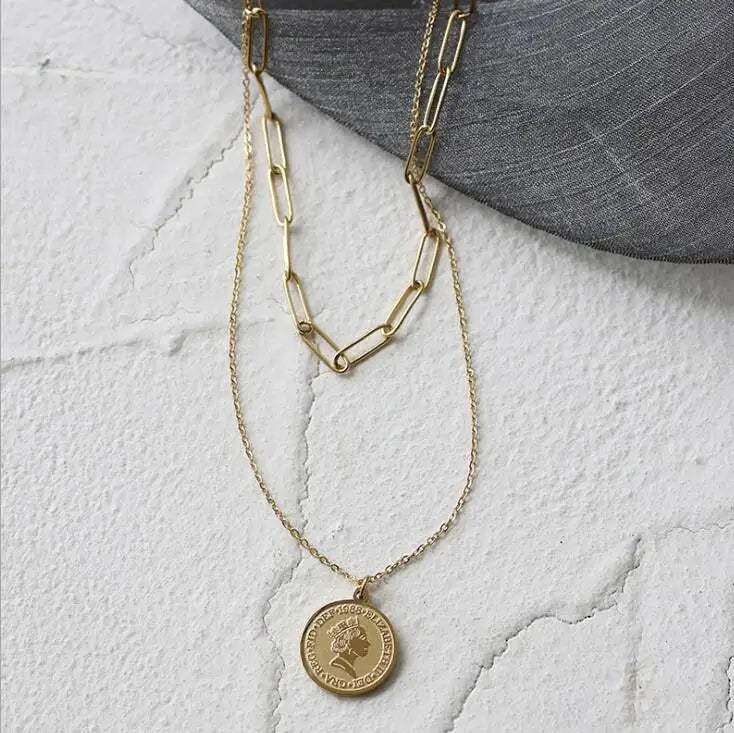 Vintage Multilayer Coin OT Buckle Clavicle Chain Necklace Pendants