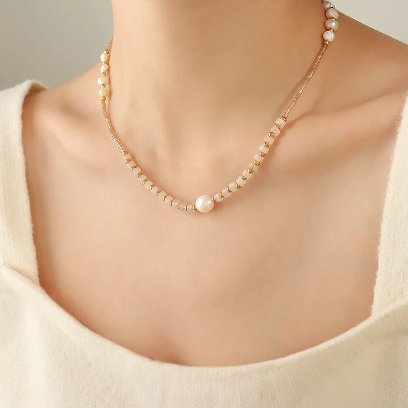 Stone Glass Bead Pearl Patchwork Beaded Necklace