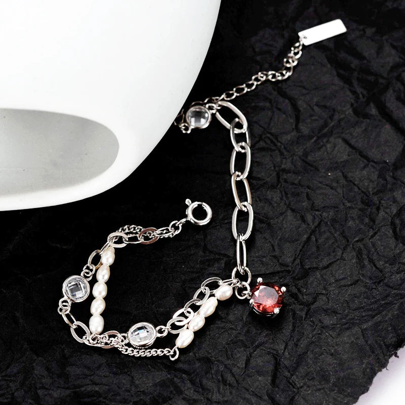 S925 Silver Red Crystal & Baroque Pearl Bracelet