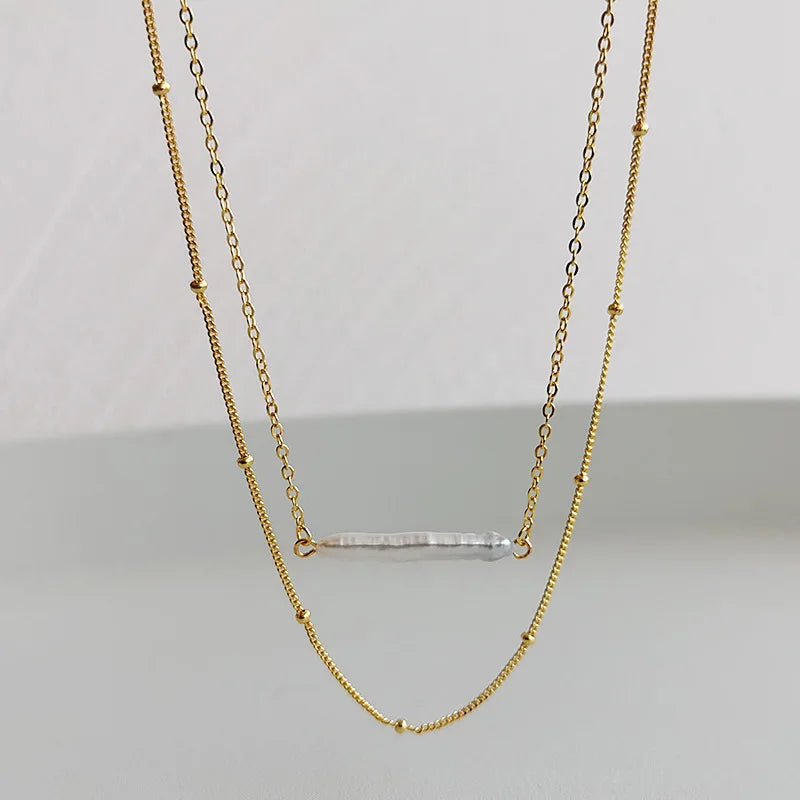 S925 Silver Double Layered Necklace Baroque Pearl Clavicle Chain