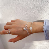 925 Sterling Silver Love Heart Bracelet Bangle Coins Chain Bracelet