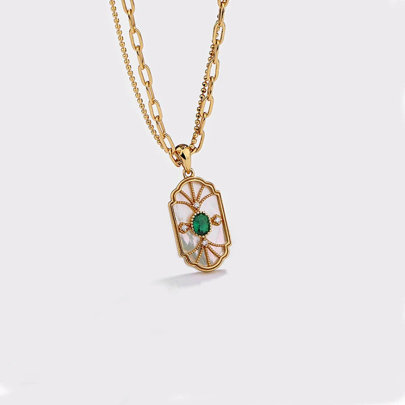 S925 Silver Retro Shell Double Layer Green Zircon Necklace