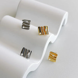S925 Vintage Zircon Stud Earrings Geometric Stripe Stone Mini Pearl Jewelry