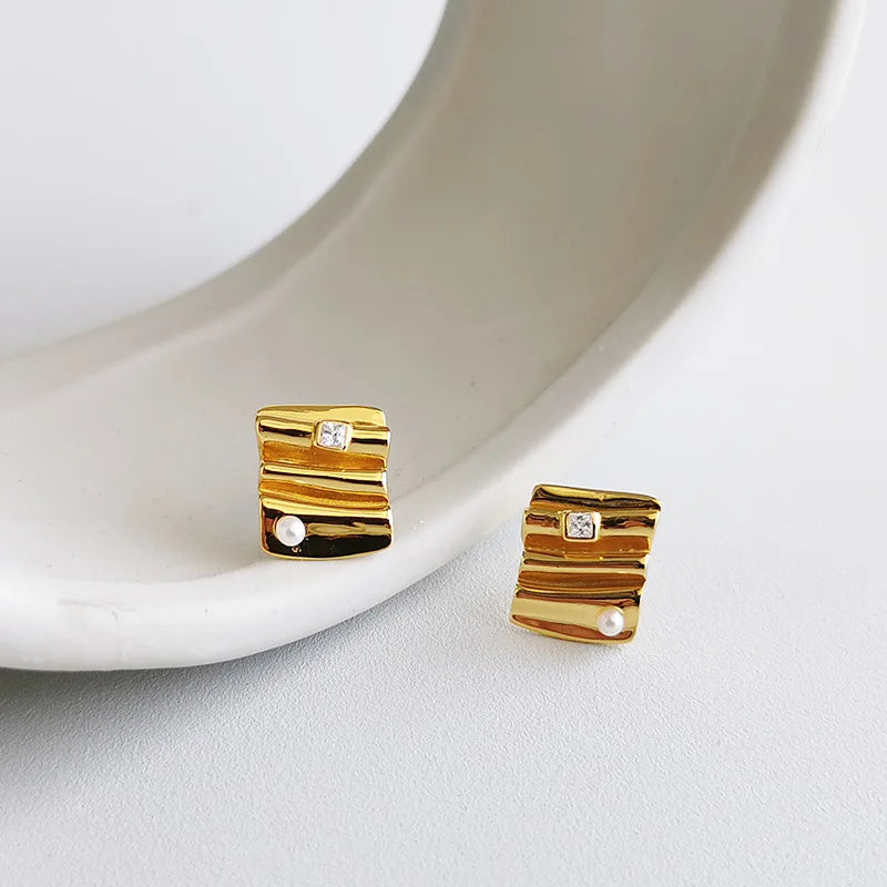 S925 Vintage Zircon Stud Earrings Geometric Stripe Stone Mini Pearl Jewelry