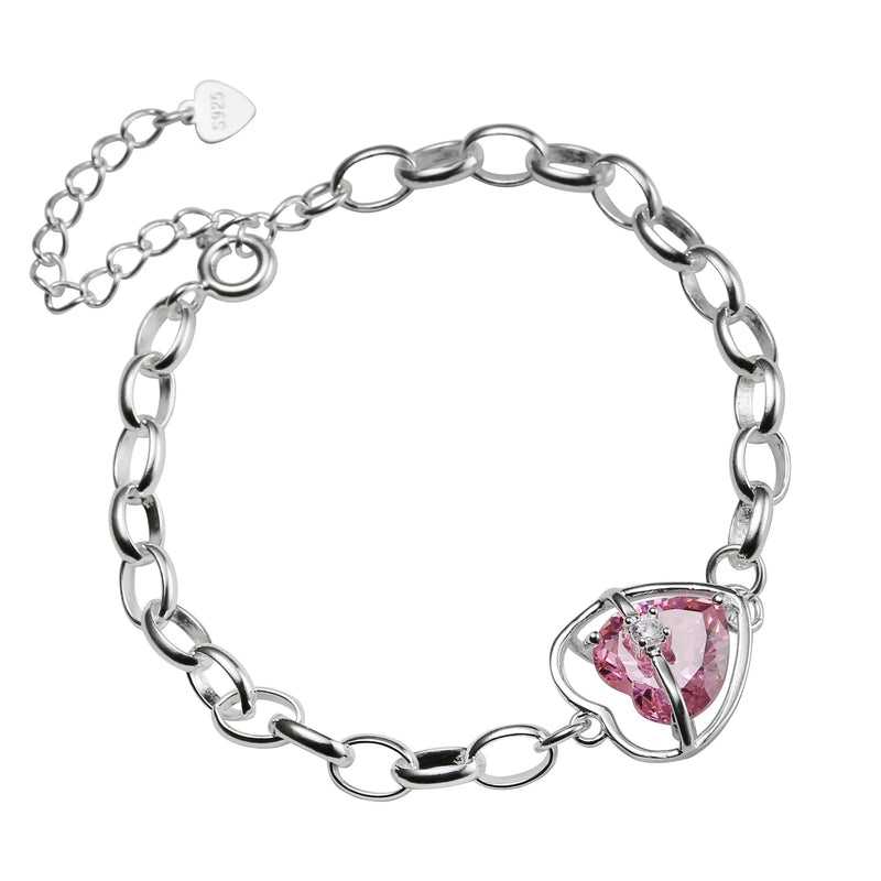 925 Silver Pink Love Heart Zircon Bracelet Crystal Jewelry