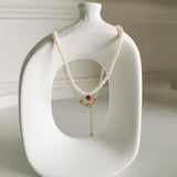 925 Silver Red Heart Pearl Choker Necklace for Women