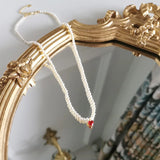 925 Silver Red Heart Pearl Choker Necklace for Women