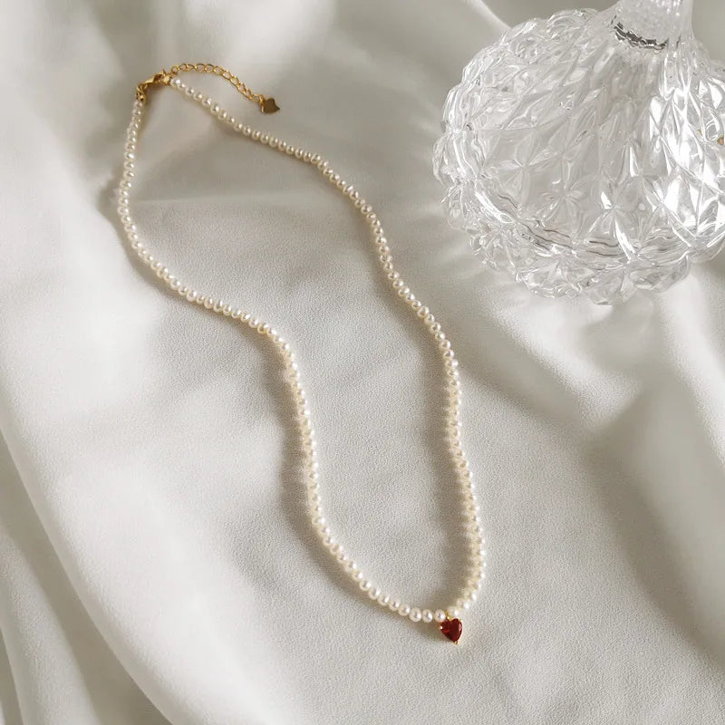 925 Silver Red Heart Pearl Choker Necklace for Women