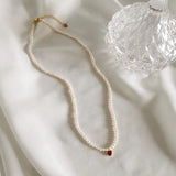 925 Silver Red Heart Pearl Choker Necklace for Women