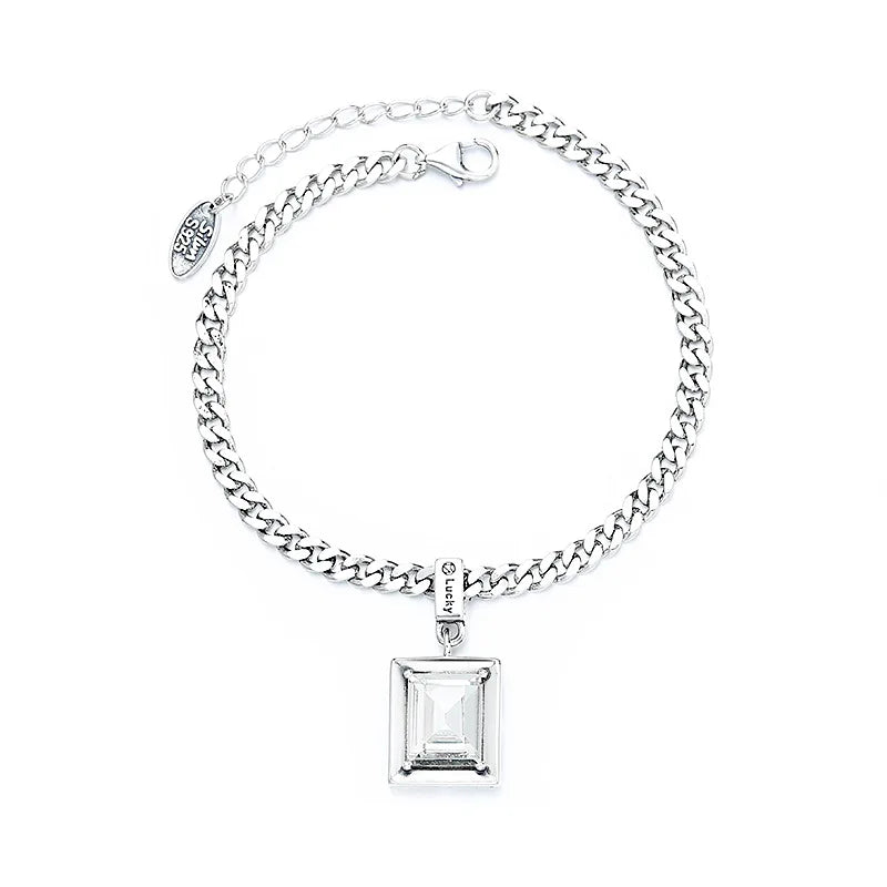 925 Silver Square Zircon Bracelet Necklace Set Hip Hop Lucky Hundred Jewelry