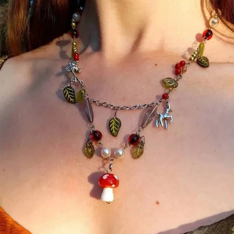 Amanita Mushroom Drop Chain Necklace Woman Y2K