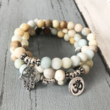 Men's Amazonite Bead Bracelet Set with Om Buddha Hamsa Charms