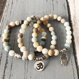 Men's Amazonite Bead Bracelet Set with Om Buddha Hamsa Charms