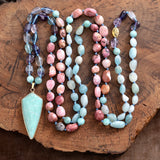 Amazonite Shield Pendant Stones Beaded Long Necklace Couple Statement Jewelry