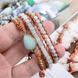 Amazonite Stone 3X Leather Wrap Beaded Bracelet Bohemian Jewelry