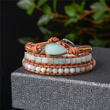 Amazonite Stone 3X Leather Wrap Beaded Bracelet Bohemian Jewelry