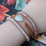 Amazonite Stone 3X Leather Wrap Beaded Bracelet Bohemian Jewelry
