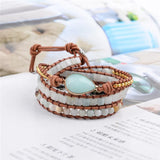 Amazonite Stone 3X Leather Wrap Beaded Bracelet Bohemian Jewelry