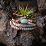 Amazonite Stone 3X Leather Wrap Beaded Bracelet Bohemian Jewelry