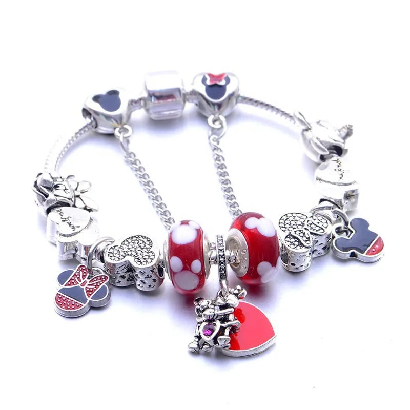 Cartoon Character Beaded Charm Bracelet with Red Enamel Mouse Pendant