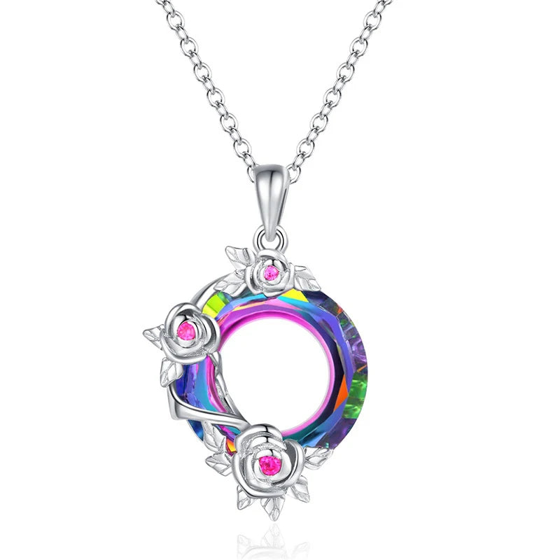 Amethyst Austrian Crystal Rose Flower Pendant Necklace for Women