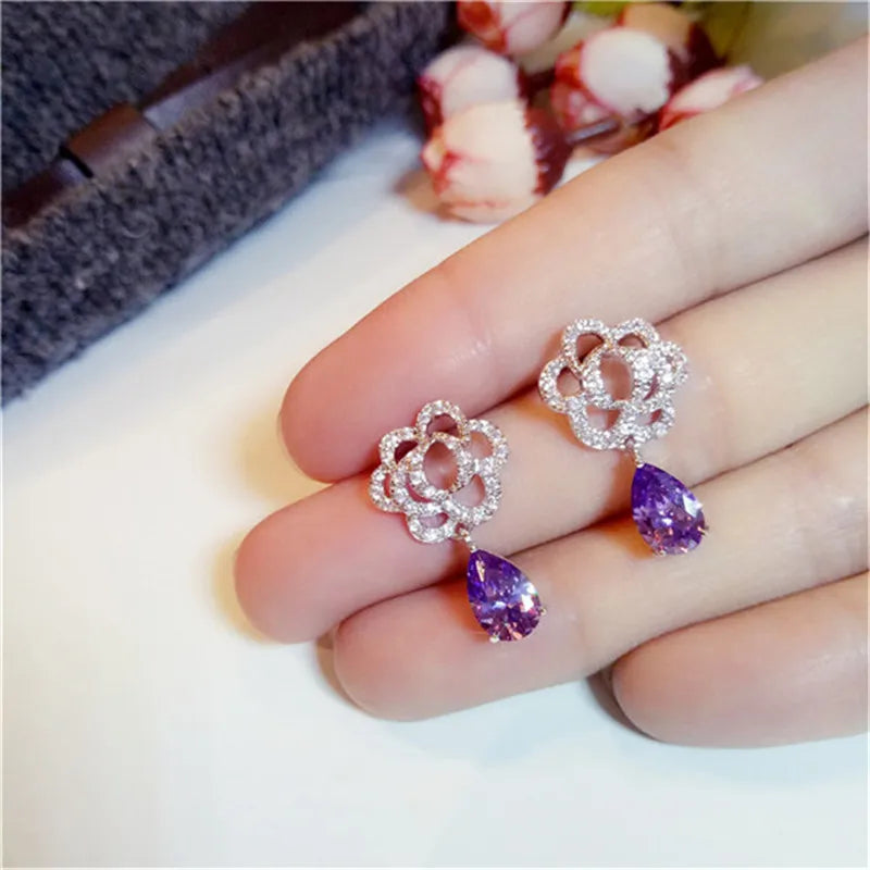S925 Sterling Amethyst Drop Earring Purple Gemstone Fine Vintage Jewelry