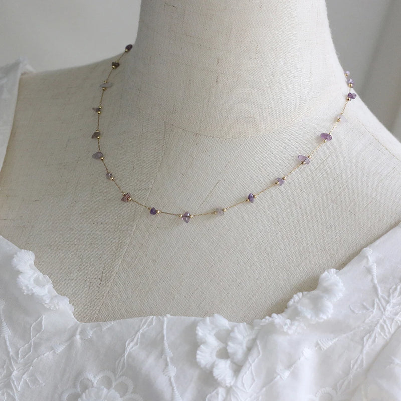 Amethyst Irregular Bead Crystal Necklace 18K Plated Stainless Steel