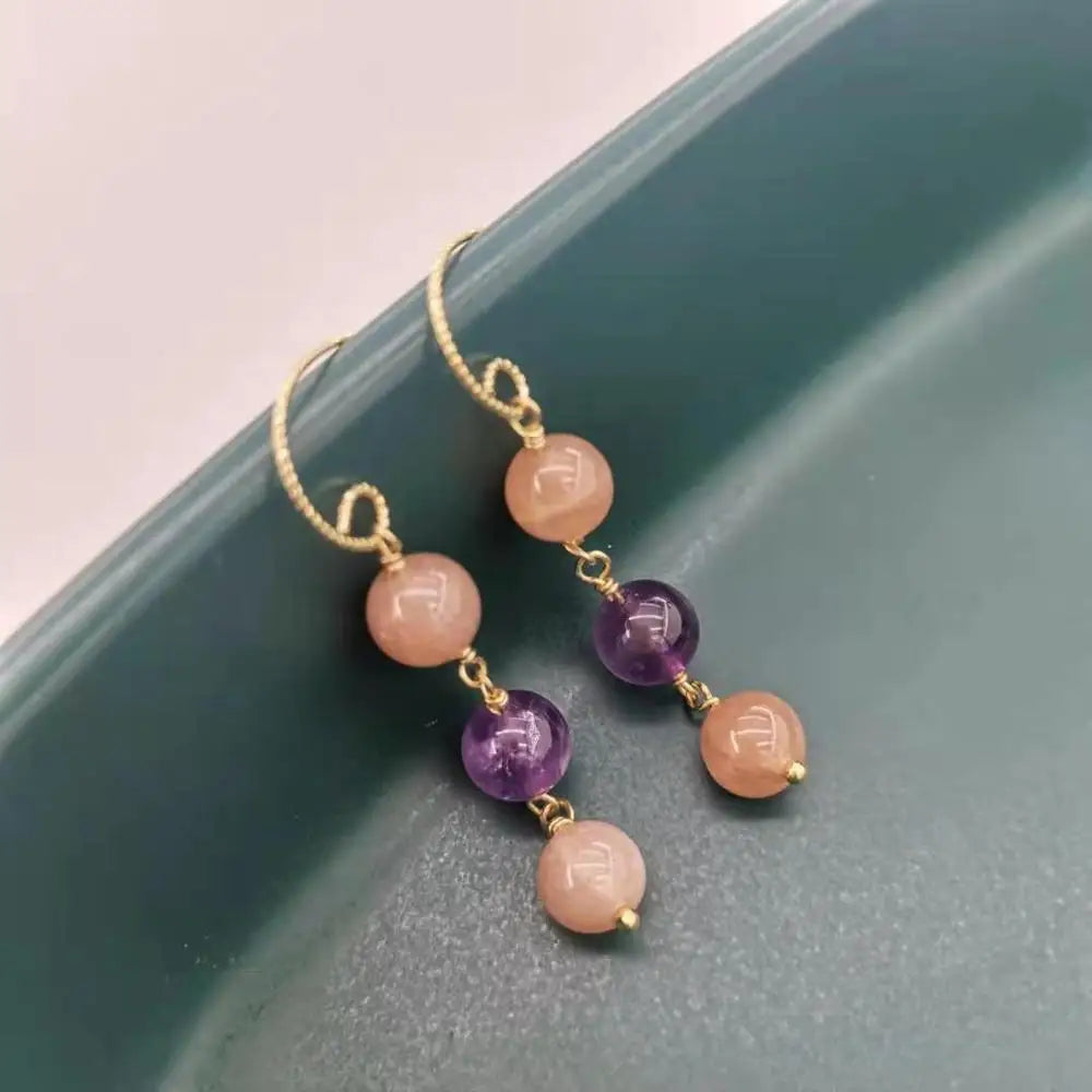 Amethyst Sunstone Gemstone Earrings 14K Filled Dangle Bohemian Earrings