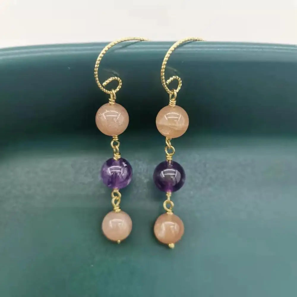 Amethyst Sunstone Gemstone Earrings 14K Filled Dangle Bohemian Earrings