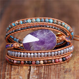 Amethysts Crystals Leather Wrap Bracelet Natural Stone Five Layers