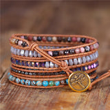 Amethysts Crystals Leather Wrap Bracelet Natural Stone Five Layers