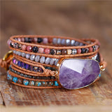 Amethysts Crystals Leather Wrap Bracelet Natural Stone Five Layers